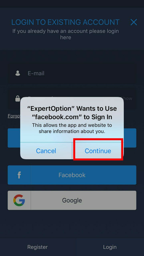 اسمح لـ ExpertOption باستخدام حسابك على Facebook لتسجيل الدخول