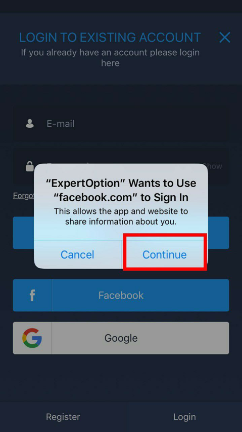 Consenti a ExpertOption di utilizzare Facebook per accedere