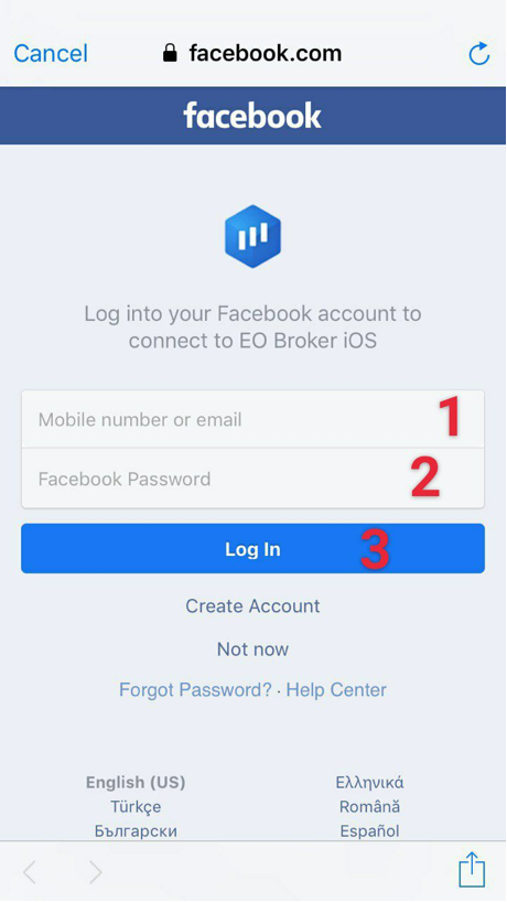 A página de login do Facebook será aberta