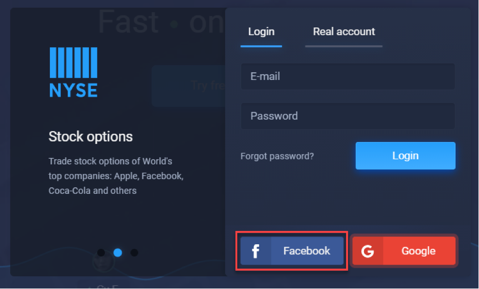 قم بتسجيل الدخول إلى حساب ExpertOption الخاص بك عبر Facebook