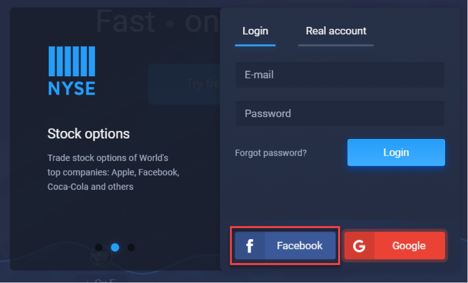 Faça login em sua conta ExpertOption via Facebook