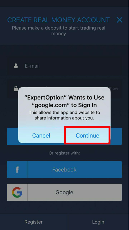 Press “Continue” in order to allow ExpertOption
            